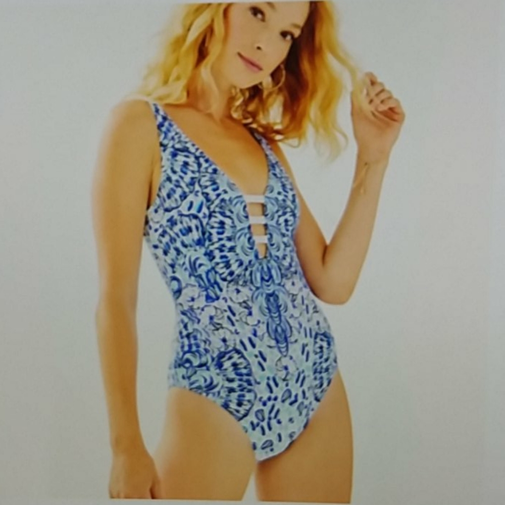 Lilly Pulitzer Blue Floral Ladder-Strap One-Piece Swimsuit